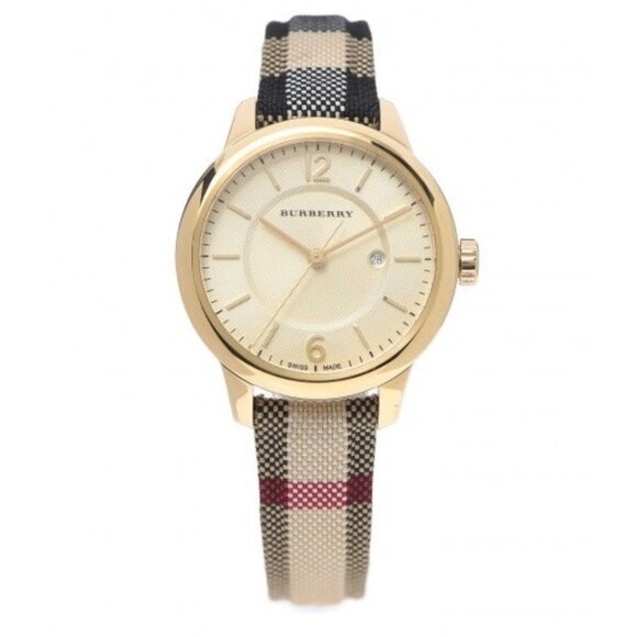 Pre-owned Burberry Stainless Steel Calfskin 32mm Quartz Watch Gold BU10104 - Picture 1 of 14